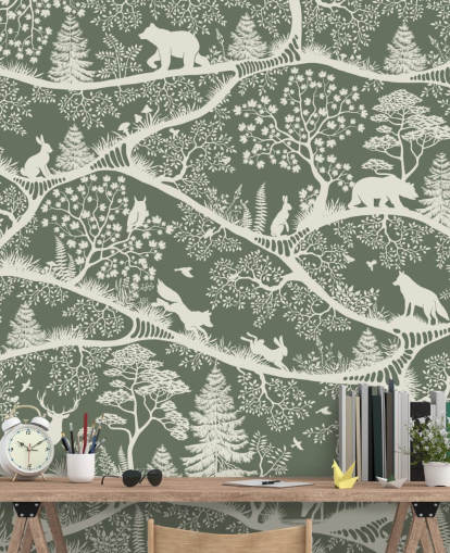 kids forest mural called Nordic Nature Green White from the Oliver Robins range