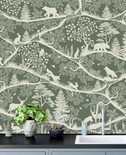 mural forestal para niños llamado Nordic Nature Green White de la gama Oliver Robins