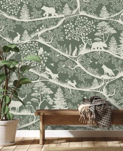 kids forest mural called Nordic Nature Green White from the Oliver Robins range