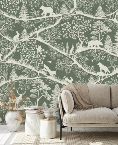 mural florestal infantil chamado Nordic Nature Green White da linha Oliver Robins