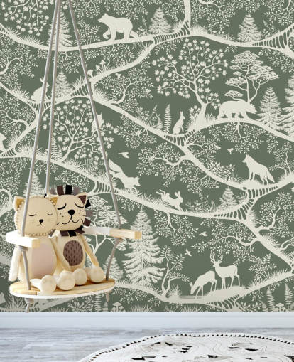 kids forest mural called Nordic Nature Green White from the Oliver Robins range