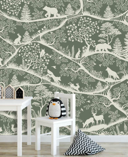 murale forestale per bambini chiamato Nordic Nature Green White della gamma Oliver Robins