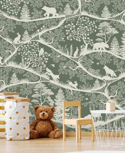 mural florestal infantil chamado Nordic Nature Green White da linha Oliver Robins mural florestal infantil chamado Nordic Nature Green White da linha Oliver Robins