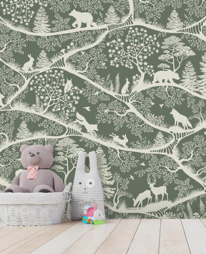 lasten metsäseinämaalaus nimeltä Nordic Nature Green White Oliver Robins -sarjasta