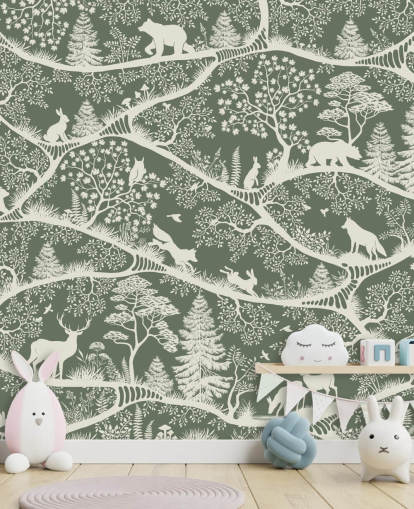 mural forestal para niños llamado Nordic Nature Green White de la gama Oliver Robins mural forestal para niños llamado Nordic Nature Green White de la gama Oliver Robins