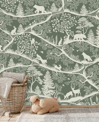 mural forestal para niños llamado Nordic Nature Green White de la gama Oliver Robins