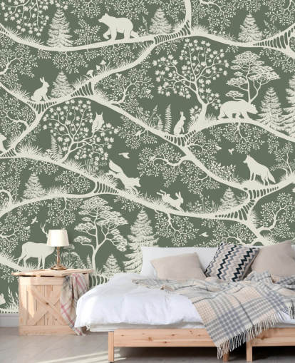 kids forest mural called Nordic Nature Green White from the Oliver Robins range