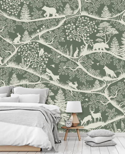 kids forest mural called Nordic Nature Green White from the Oliver Robins range