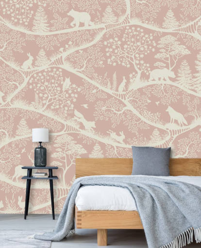 mural infantil personalizable rosa y blanco llamado Nordic Nature Pink White de Oliver Robins