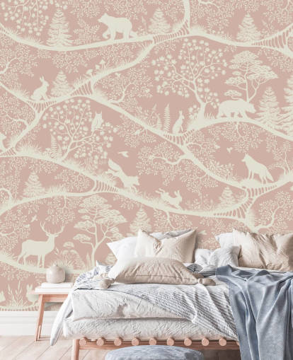 pink and white customisable nursery mural called Nordic Nature Pink White from Oliver Robins