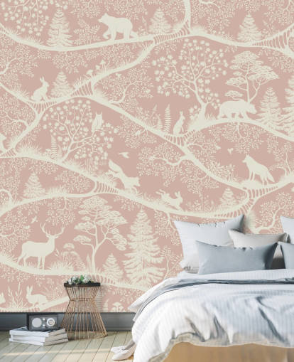 mural de berçário personalizável rosa e branco chamado Nordic Nature Pink White de Oliver Robins