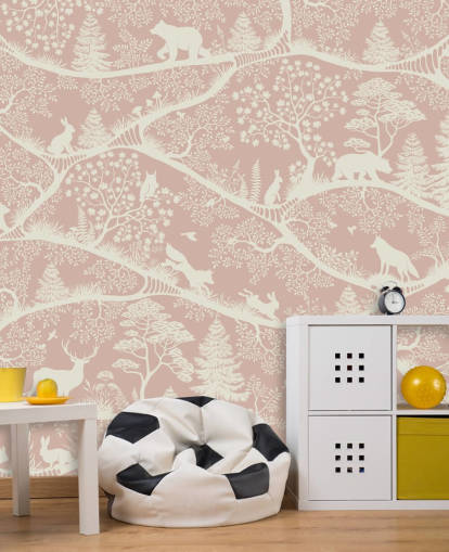 mural infantil personalizable rosa y blanco llamado Nordic Nature Pink White de Oliver Robins