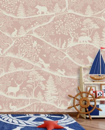 peinture murale de chambre d'enfant personnalisable rose et blanche appelée Nordic Nature Pink White d'Oliver Robins