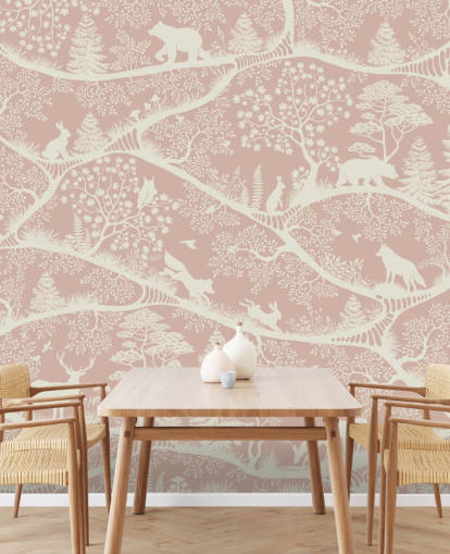 roze en witte aanpasbare kinderkamermuurschildering genaamd Nordic Nature Pink White van Oliver Robins roze en witte aanpasbare kinderkamermuurschildering genaamd Nordic Nature Pink White van Oliver Robins