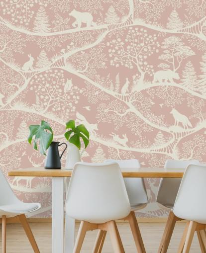 roze en witte aanpasbare kinderkamermuurschildering genaamd Nordic Nature Pink White van Oliver Robins roze en witte aanpasbare kinderkamermuurschildering genaamd Nordic Nature Pink White van Oliver Robins