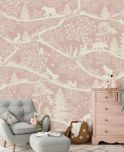 mural infantil personalizable rosa y blanco llamado Nordic Nature Pink White de Oliver Robins