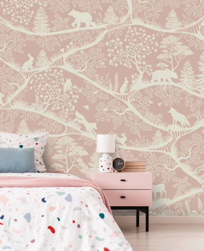 roze en witte aanpasbare kinderkamermuurschildering genaamd Nordic Nature Pink White van Oliver Robins