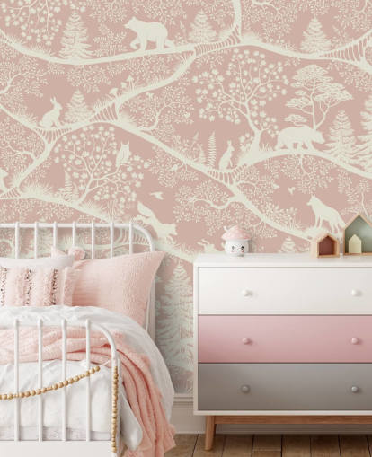 vaaleanpunainen ja valkoinen räätälöitävä lastentarhan seinämaalaus nimeltä Nordic Nature Pink White Oliver Robinsilta vaaleanpunainen ja valkoinen räätälöitävä lastentarhan seinämaalaus nimeltä Nordic Nature Pink White Oliver Robinsilta