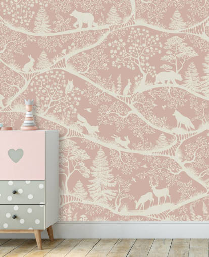 rosa och vit anpassningsbar plantskola väggmålning som heter Nordic Nature Pink White från Oliver Robins rosa och vit anpassningsbar plantskola väggmålning som heter Nordic Nature Pink White från Oliver Robins