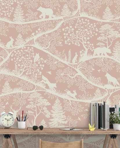 mural infantil personalizable rosa y blanco llamado Nordic Nature Pink White de Oliver Robins
