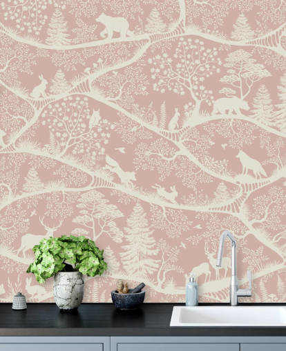 rosa och vit anpassningsbar plantskola väggmålning som heter Nordic Nature Pink White från Oliver Robins