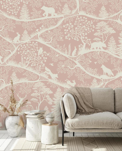 rosa og hvitt tilpassbart barnehage veggmaleri kalt Nordic Nature Pink White fra Oliver Robins rosa og hvitt tilpassbart barnehage veggmaleri kalt Nordic Nature Pink White fra Oliver Robins