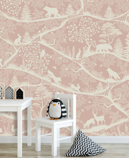 vaaleanpunainen ja valkoinen räätälöitävä lastentarhan seinämaalaus nimeltä Nordic Nature Pink White Oliver Robinsilta vaaleanpunainen ja valkoinen räätälöitävä lastentarhan seinämaalaus nimeltä Nordic Nature Pink White Oliver Robinsilta