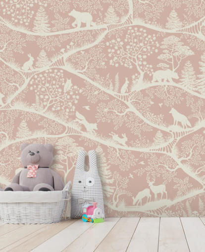 mural infantil personalizable rosa y blanco llamado Nordic Nature Pink White de Oliver Robins