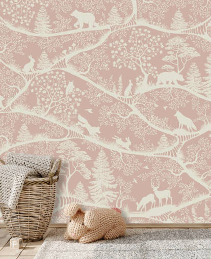 lyserødt og hvidt tilpassbart børnehavevægmaleri kaldet Nordic Nature Pink White fra Oliver Robins