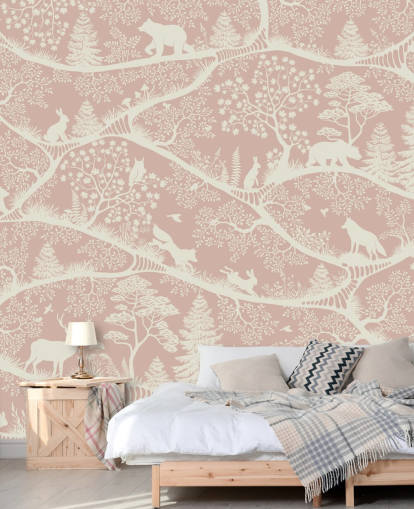 vaaleanpunainen ja valkoinen räätälöitävä lastentarhan seinämaalaus nimeltä Nordic Nature Pink White Oliver Robinsilta