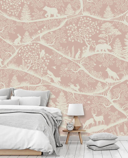 mural infantil personalizable rosa y blanco llamado Nordic Nature Pink White de Oliver Robins