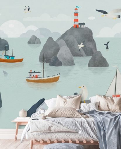 mural infantil personalizable de vida marina llamado Seaside Stories de la colección Oliver Robins