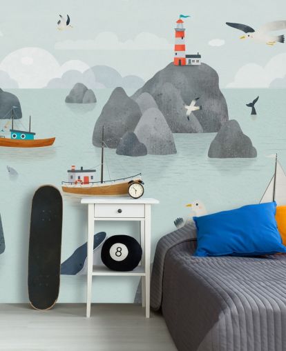 mural infantil personalizável de vida marinha chamado Seaside Stories da coleção Oliver Robins