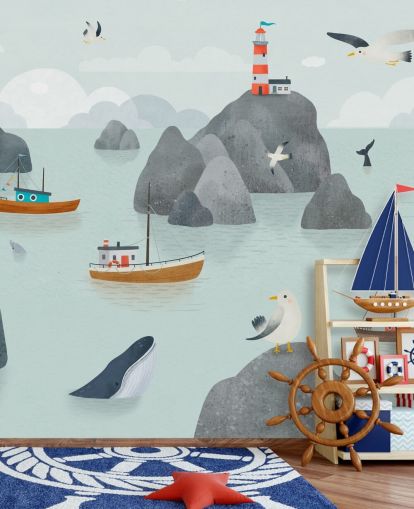mural infantil personalizável de vida marinha chamado Seaside Stories da coleção Oliver Robins