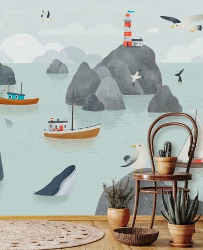 mural infantil personalizable de vida marina llamado Seaside Stories de la colección Oliver Robins