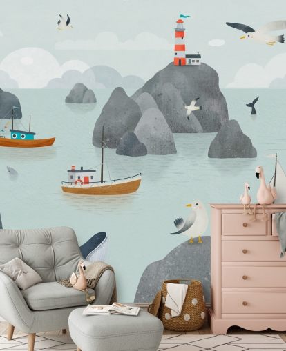 mural infantil personalizable de vida marina llamado Seaside Stories de la colección Oliver Robins