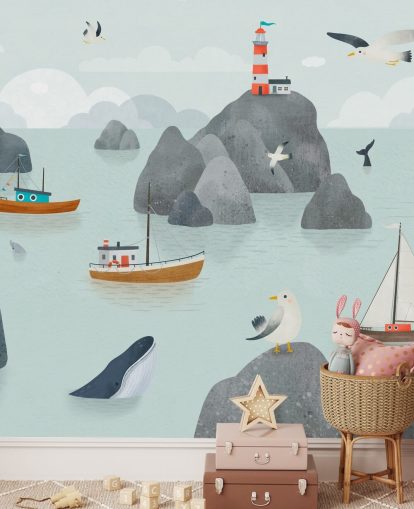 mural infantil personalizable de vida marina llamado Seaside Stories de la colección Oliver Robins