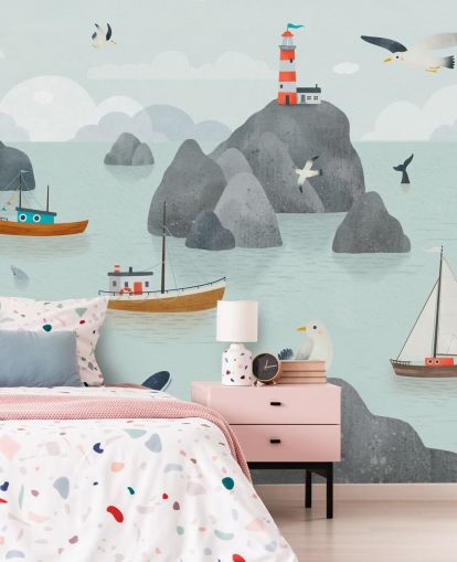 personalisierbares Meeresleben-Wandbild für Kinder namens Seaside Stories aus der Oliver Robins-Kollektion