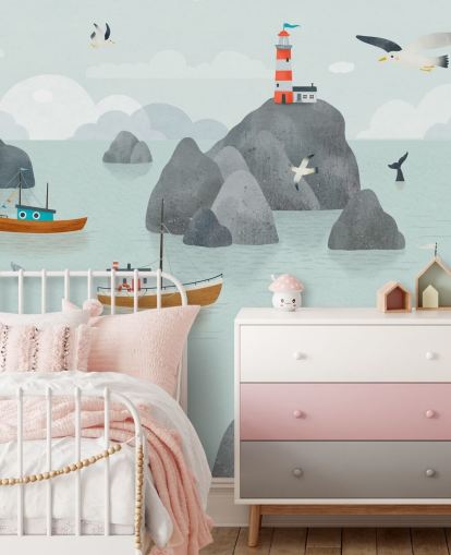 murale personalizzabile per bambini chiamato Seaside Stories della collezione Oliver Robins