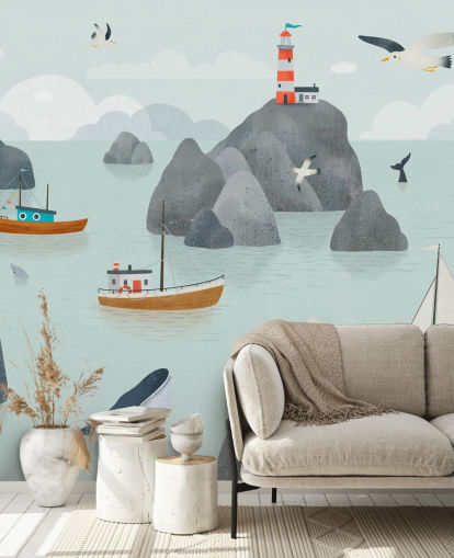 mural infantil personalizable de vida marina llamado Seaside Stories de la colección Oliver Robins