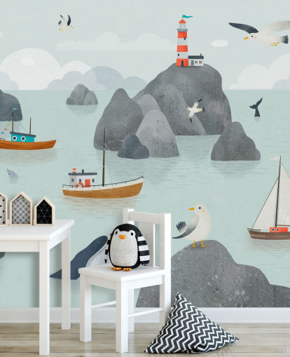 personalisierbares Meeresleben-Wandbild für Kinder namens Seaside Stories aus der Oliver Robins-Kollektion