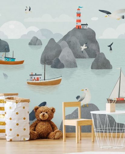 aanpasbare muurschildering met zeeleven voor kinderen genaamd Seaside Stories uit de Oliver Robins-collectie