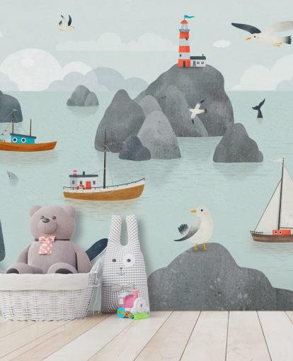 aanpasbare muurschildering met zeeleven voor kinderen genaamd Seaside Stories uit de Oliver Robins-collectie