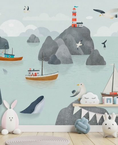 tilpasselig vægmaleri til havliv til børn kaldet Seaside Stories fra Oliver Robins-samlingen