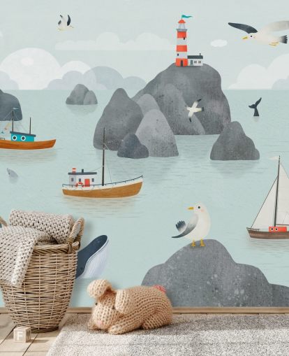 mural infantil personalizable de vida marina llamado Seaside Stories de la colección Oliver Robins