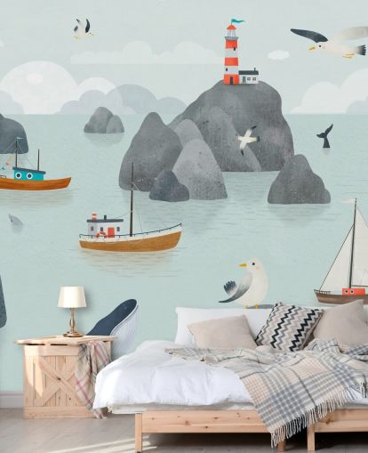 aanpasbare muurschildering met zeeleven voor kinderen genaamd Seaside Stories uit de Oliver Robins-collectie