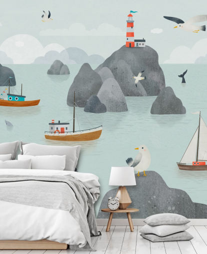 aanpasbare muurschildering met zeeleven voor kinderen genaamd Seaside Stories uit de Oliver Robins-collectie