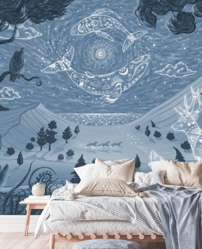 mural de animales personalizable llamado Spirit Night Blue para dormitorios y guarderías infantiles