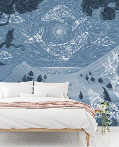 murale con animali personalizzabile chiamato Spirit Night Blue per camerette e asili nido murale con animali personalizzabile chiamato Spirit Night Blue per camerette e asili nido