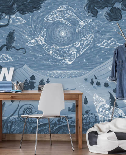 mural de animales personalizable llamado Spirit Night Blue para dormitorios y guarderías infantiles